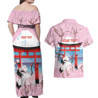 Japanese Torii Gate Cranes Personalised Couples Matching Off Shoulder Maxi Dress and Hawaiian Shirt Fuji Mount Sakura Seigaiha Pattern