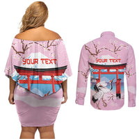 Japanese Torii Gate Cranes Personalised Couples Matching Off Shoulder Short Dress and Long Sleeve Button Shirt Fuji Mount Sakura Seigaiha Pattern