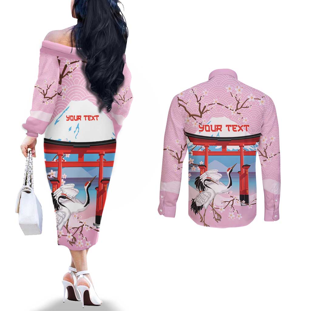 Japanese Torii Gate Cranes Personalised Couples Matching Off The Shoulder Long Sleeve Dress and Long Sleeve Button Shirt Fuji Mount Sakura Seigaiha Pattern LT14 - Polynesian Pride