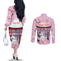 Japanese Torii Gate Cranes Personalised Couples Matching Off The Shoulder Long Sleeve Dress and Long Sleeve Button Shirt Fuji Mount Sakura Seigaiha Pattern LT14 - Polynesian Pride