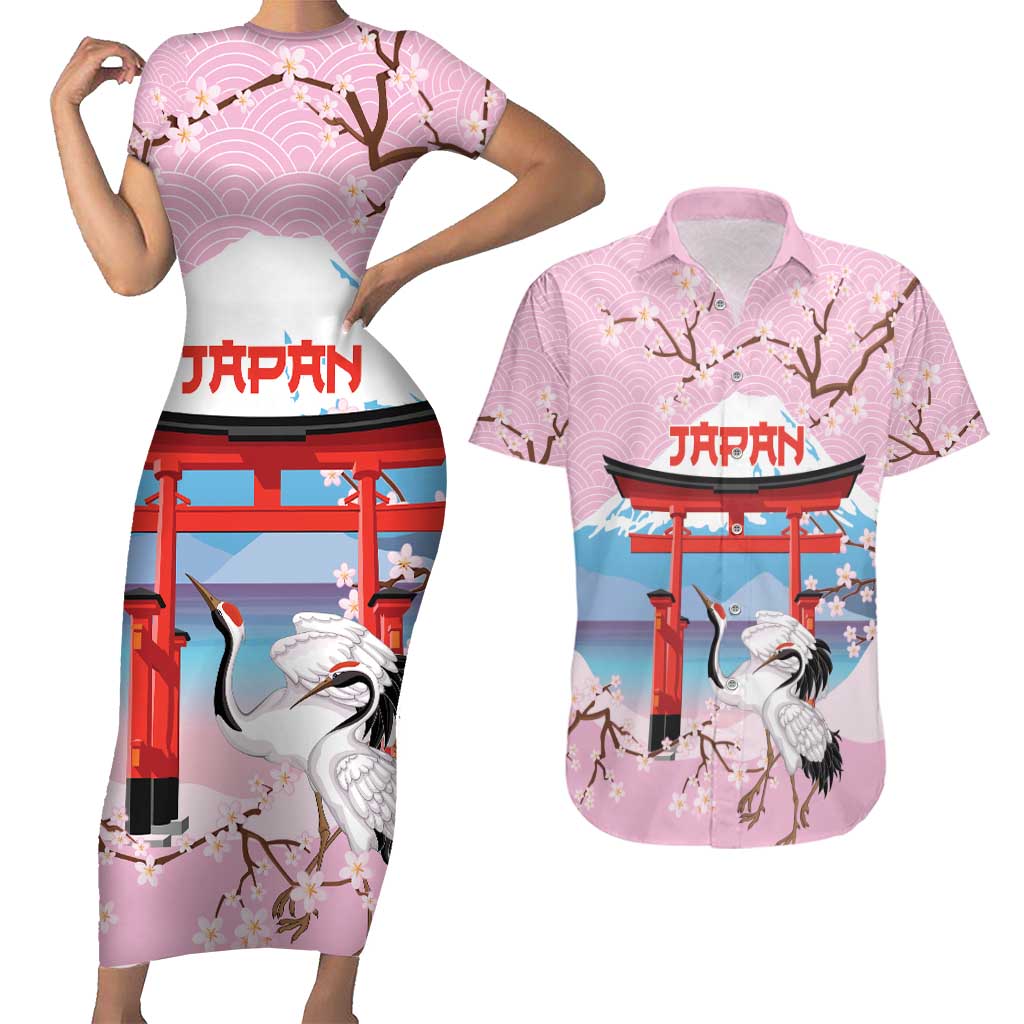 Japanese Torii Gate Cranes Personalised Couples Matching Short Sleeve Bodycon Dress and Hawaiian Shirt Fuji Mount Sakura Seigaiha Pattern