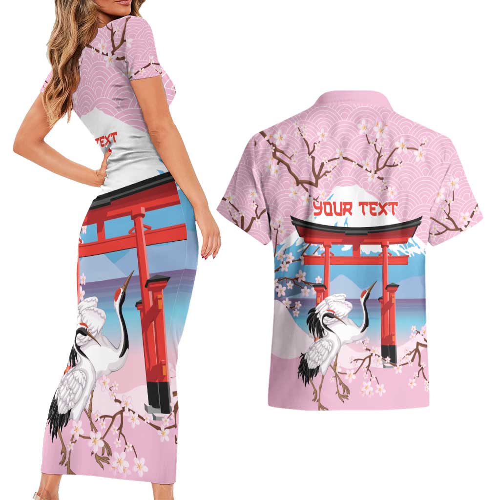 Japanese Torii Gate Cranes Personalised Couples Matching Short Sleeve Bodycon Dress and Hawaiian Shirt Fuji Mount Sakura Seigaiha Pattern