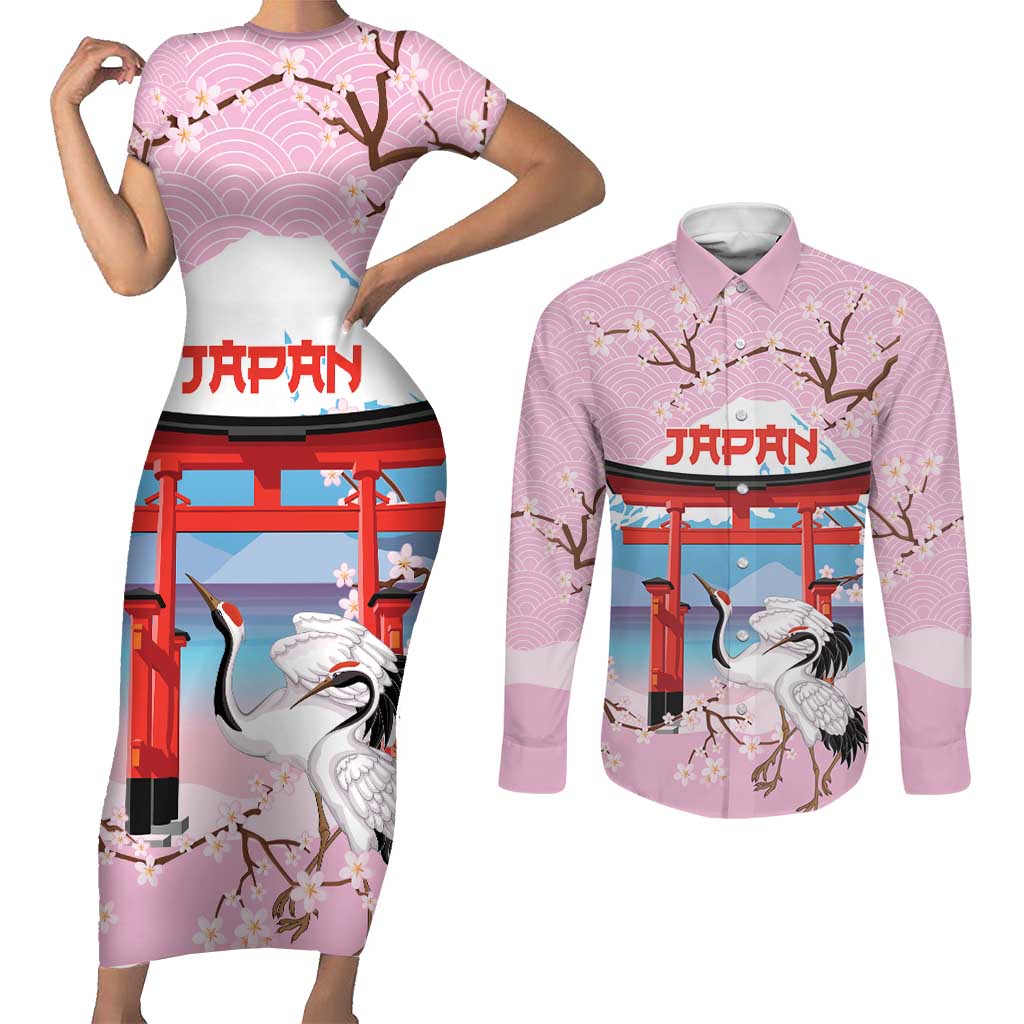 Japanese Torii Gate Cranes Personalised Couples Matching Short Sleeve Bodycon Dress and Long Sleeve Button Shirt Fuji Mount Sakura Seigaiha Pattern