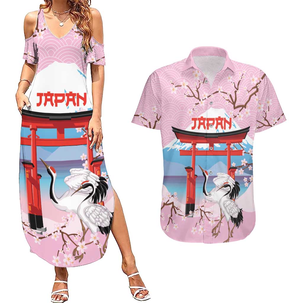 Japanese Torii Gate Cranes Personalised Couples Matching Summer Maxi Dress and Hawaiian Shirt Fuji Mount Sakura Seigaiha Pattern LT14 Pink - Polynesian Pride
