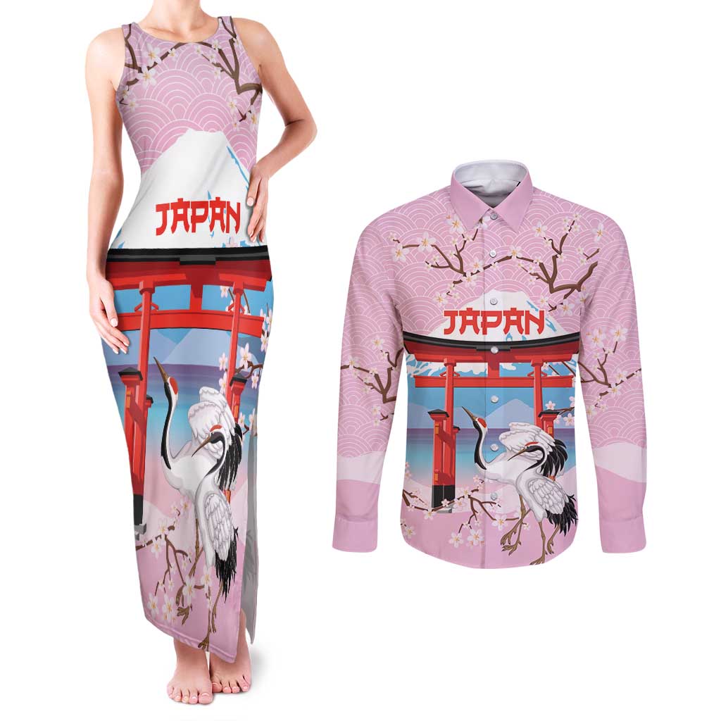 Japanese Torii Gate Cranes Personalised Couples Matching Tank Maxi Dress and Long Sleeve Button Shirt Fuji Mount Sakura Seigaiha Pattern