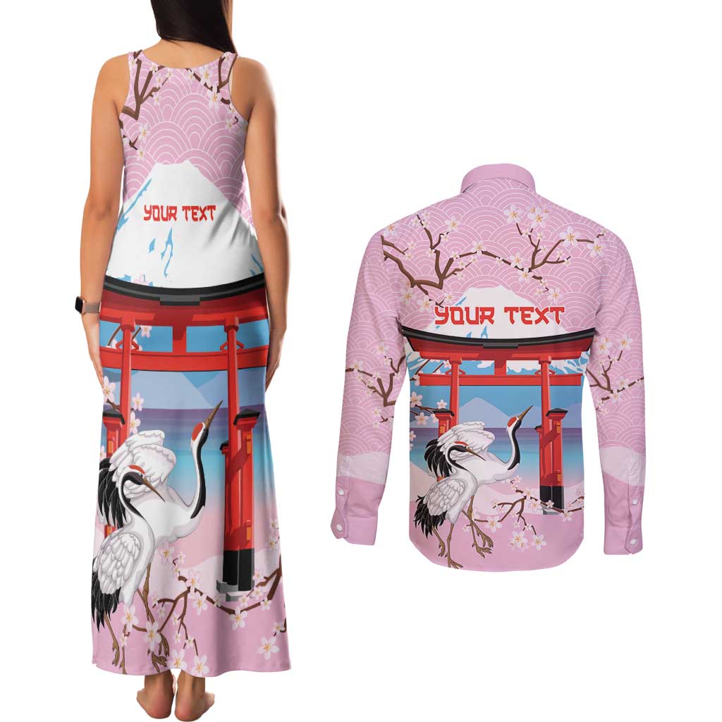 Japanese Torii Gate Cranes Personalised Couples Matching Tank Maxi Dress and Long Sleeve Button Shirt Fuji Mount Sakura Seigaiha Pattern
