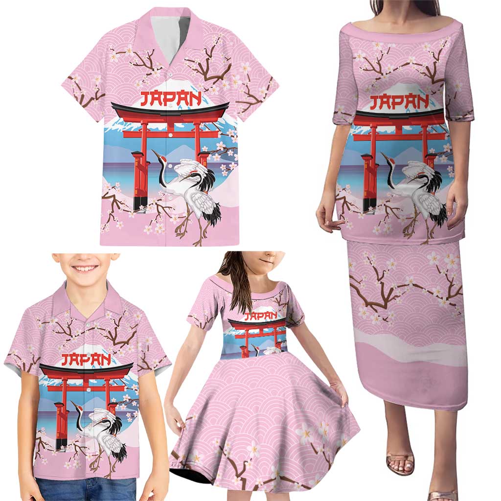 Japanese Torii Gate Cranes Personalised Family Matching Puletasi and Hawaiian Shirt Fuji Mount Sakura Seigaiha Pattern