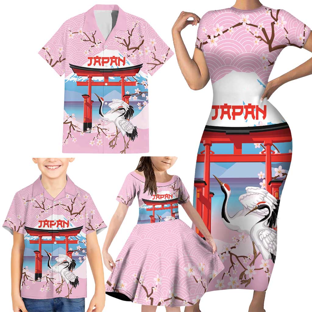 Japanese Torii Gate Cranes Personalised Family Matching Short Sleeve Bodycon Dress and Hawaiian Shirt Fuji Mount Sakura Seigaiha Pattern LT14 - Polynesian Pride