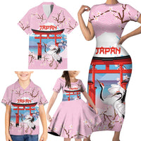 Japanese Torii Gate Cranes Personalised Family Matching Short Sleeve Bodycon Dress and Hawaiian Shirt Fuji Mount Sakura Seigaiha Pattern LT14 - Polynesian Pride