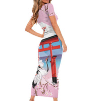 Japanese Torii Gate Cranes Personalised Family Matching Short Sleeve Bodycon Dress and Hawaiian Shirt Fuji Mount Sakura Seigaiha Pattern LT14 - Polynesian Pride