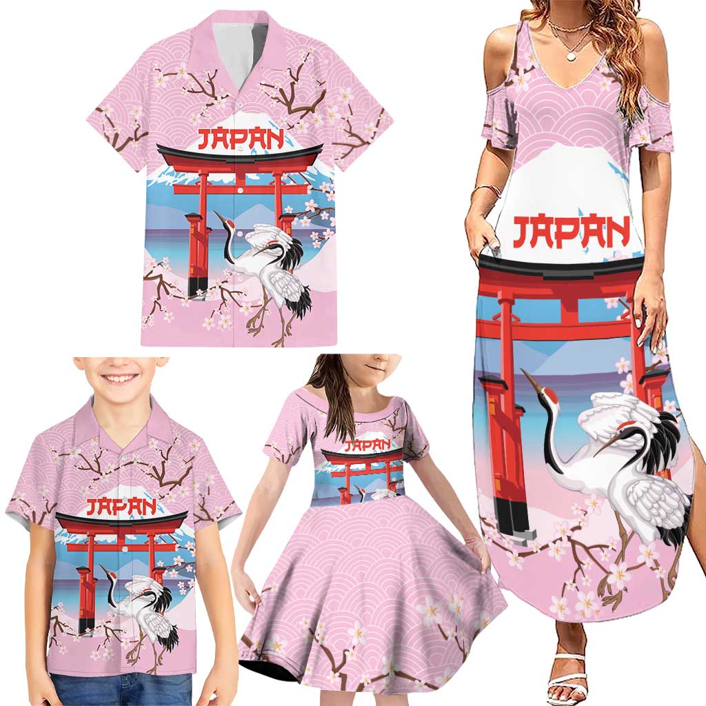 Japanese Torii Gate Cranes Personalised Family Matching Summer Maxi Dress and Hawaiian Shirt Fuji Mount Sakura Seigaiha Pattern