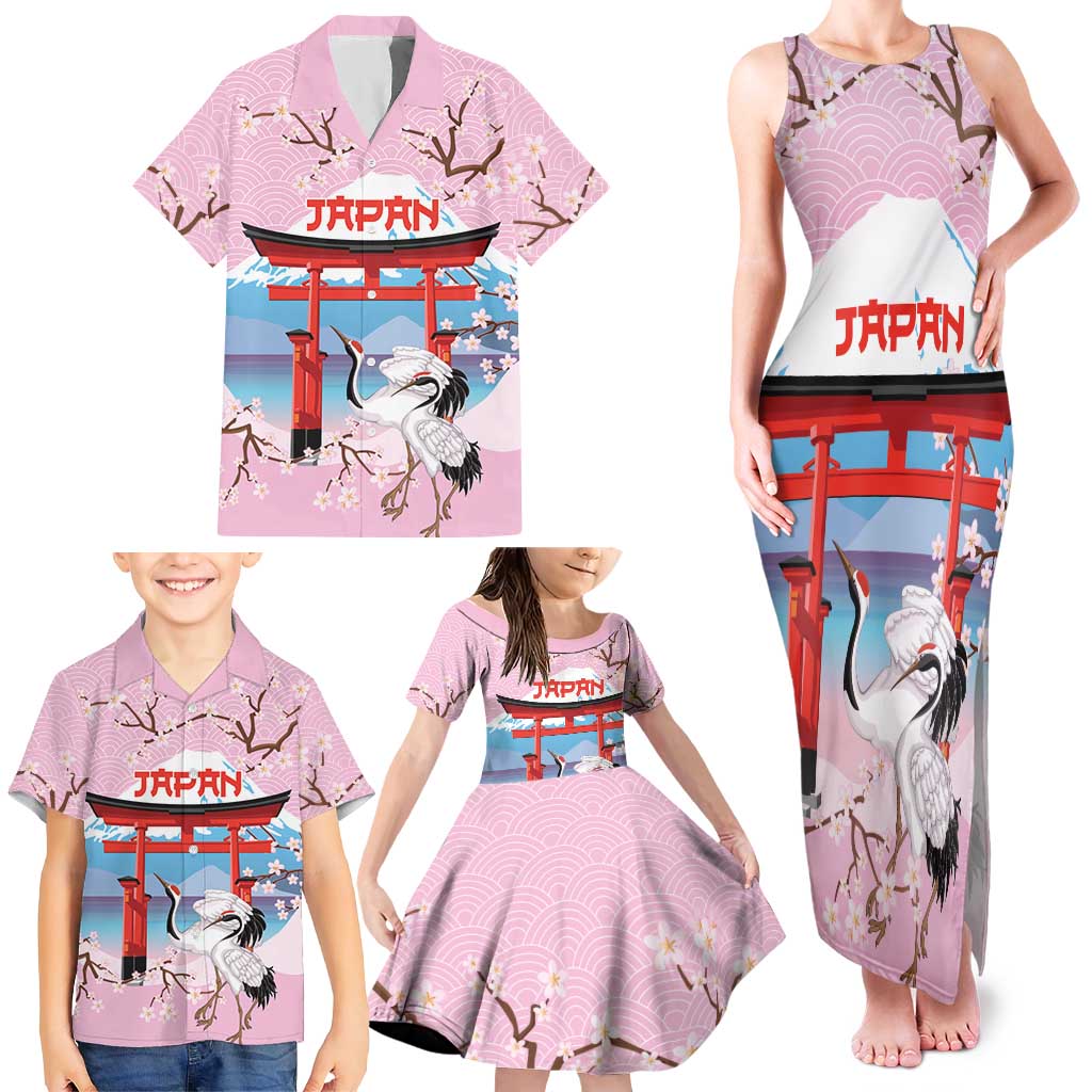 Japanese Torii Gate Cranes Personalised Family Matching Tank Maxi Dress and Hawaiian Shirt Fuji Mount Sakura Seigaiha Pattern