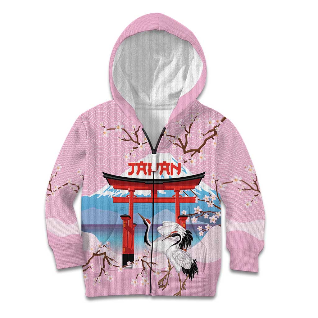 Japanese Torii Gate Cranes Personalised Kid Hoodie Fuji Mount Sakura Seigaiha Pattern