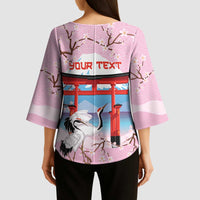 Japanese Torii Gate Cranes Personalised Kimono Sleeve Blouse Fuji Mount Sakura Seigaiha Pattern