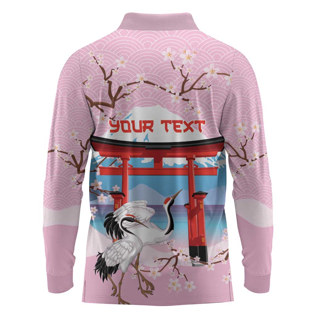 Japanese Torii Gate Cranes Personalised Long Sleeve Polo Shirt Fuji Mount Sakura Seigaiha Pattern