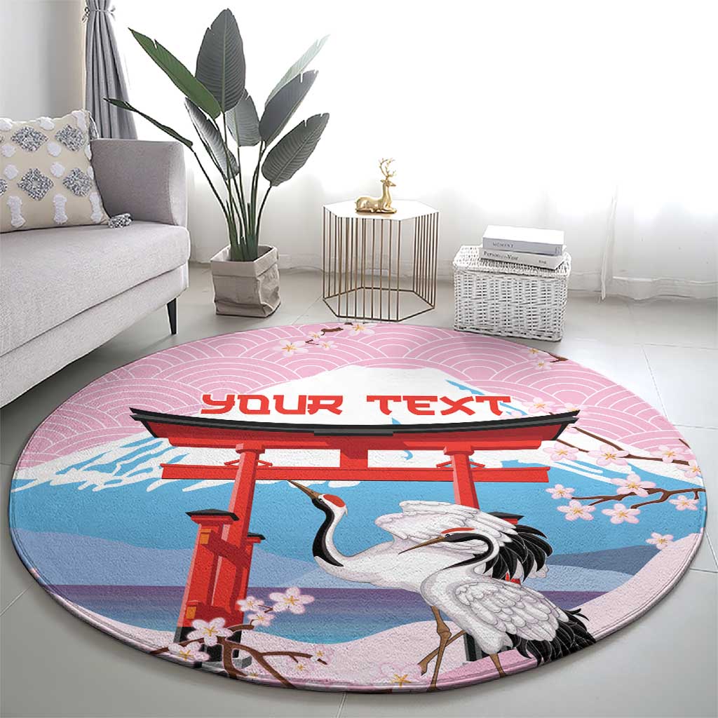 Japanese Torii Gate Cranes Personalised Round Carpet Fuji Mount Sakura Seigaiha Pattern