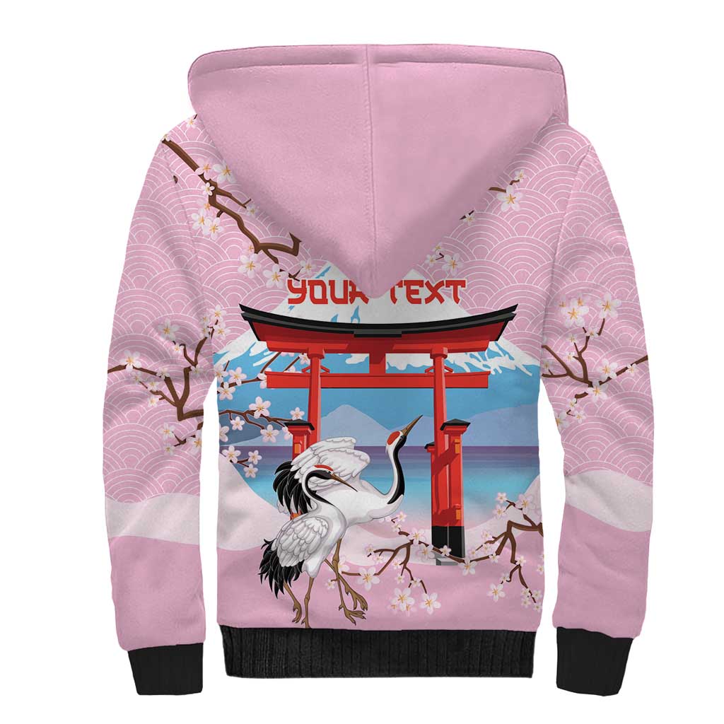 Japanese Torii Gate Cranes Personalised Sherpa Hoodie Fuji Mount Sakura Seigaiha Pattern LT14 - Polynesian Pride