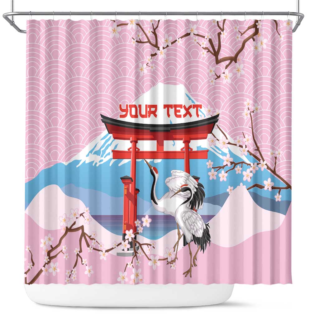 Japanese Torii Gate Cranes Personalised Shower Curtain Fuji Mount Sakura Seigaiha Pattern