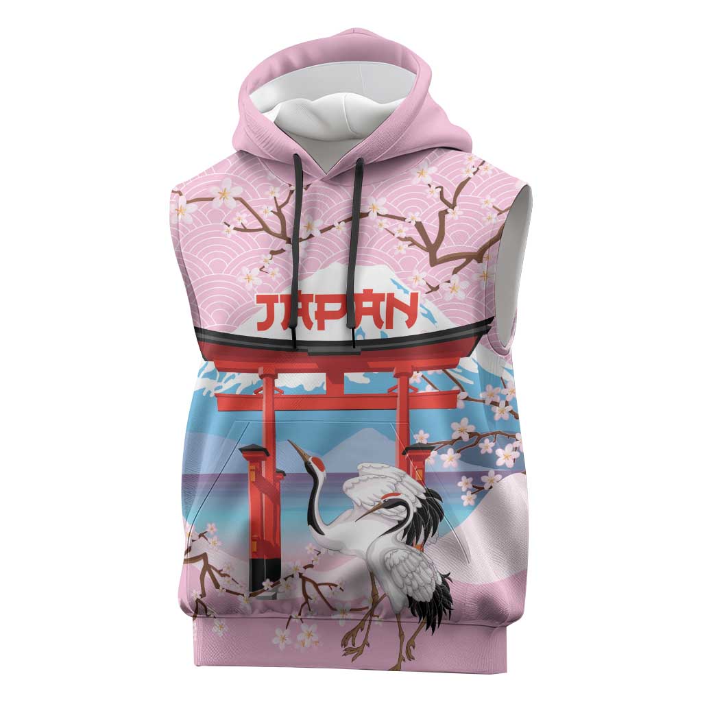 Japanese Torii Gate Cranes Personalised Sleeveless Hoodie Fuji Mount Sakura Seigaiha Pattern LT14 Pink - Polynesian Pride