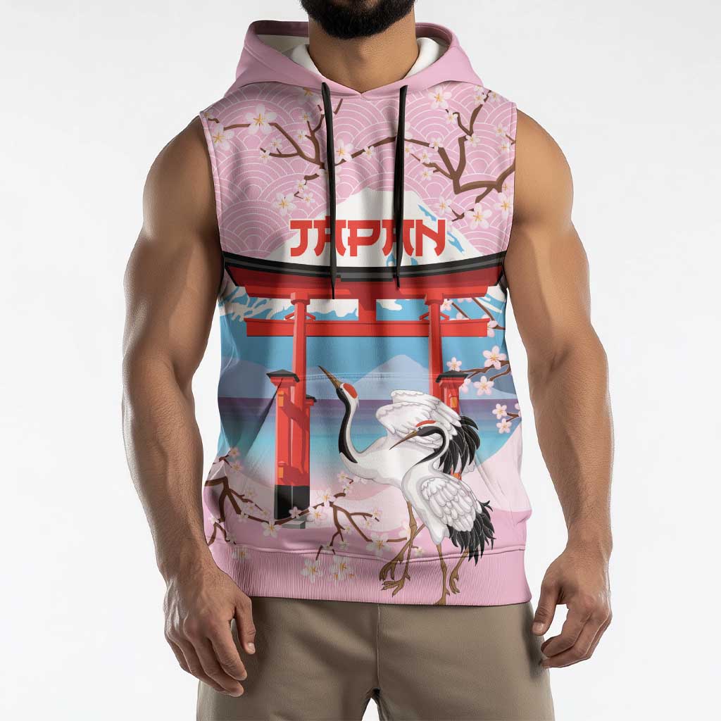 Japanese Torii Gate Cranes Personalised Sleeveless Hoodie Fuji Mount Sakura Seigaiha Pattern LT14 - Polynesian Pride