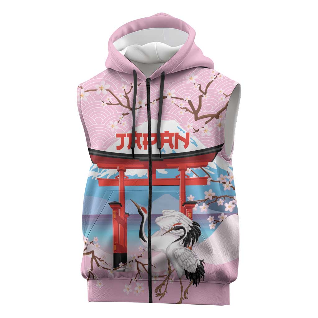 Japanese Torii Gate Cranes Personalised Sleeveless Zip Hoodie Fuji Mount Sakura Seigaiha Pattern