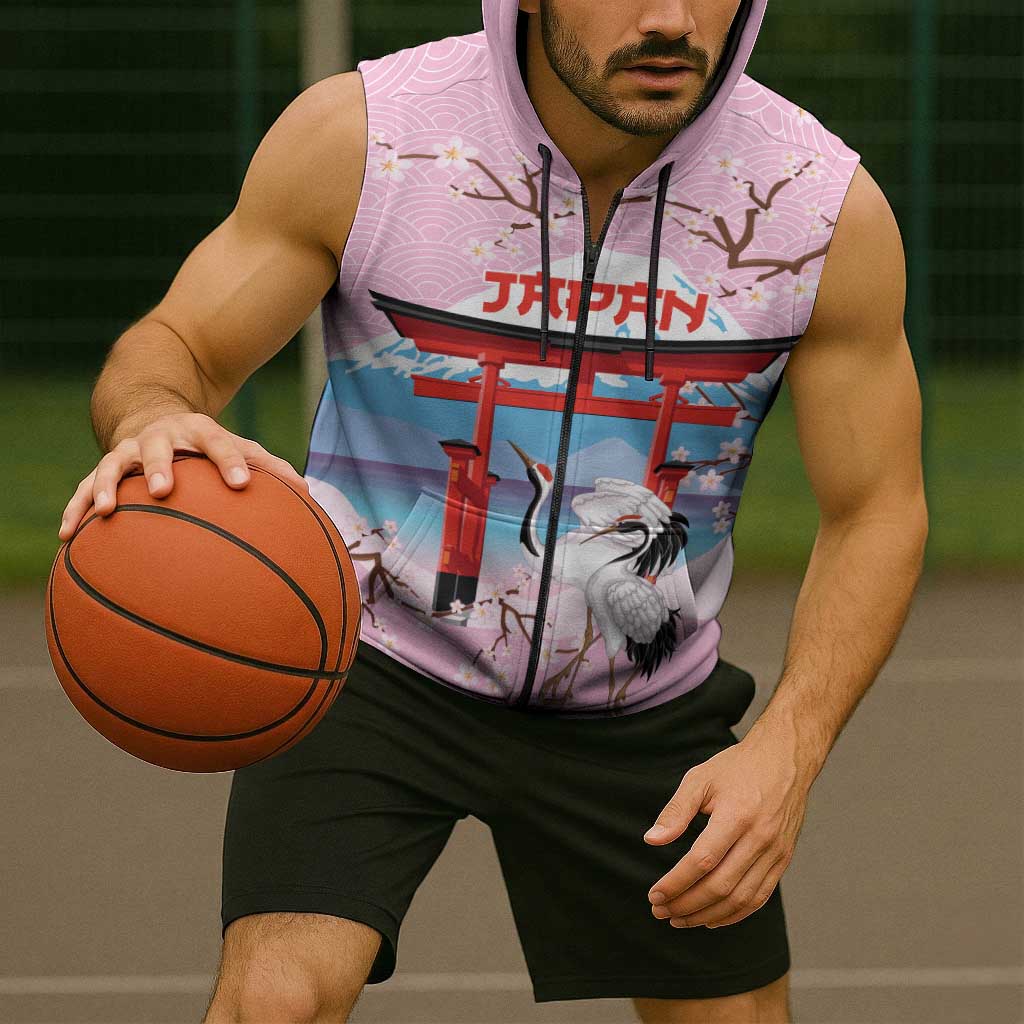 Japanese Torii Gate Cranes Personalised Sleeveless Zip Hoodie Fuji Mount Sakura Seigaiha Pattern