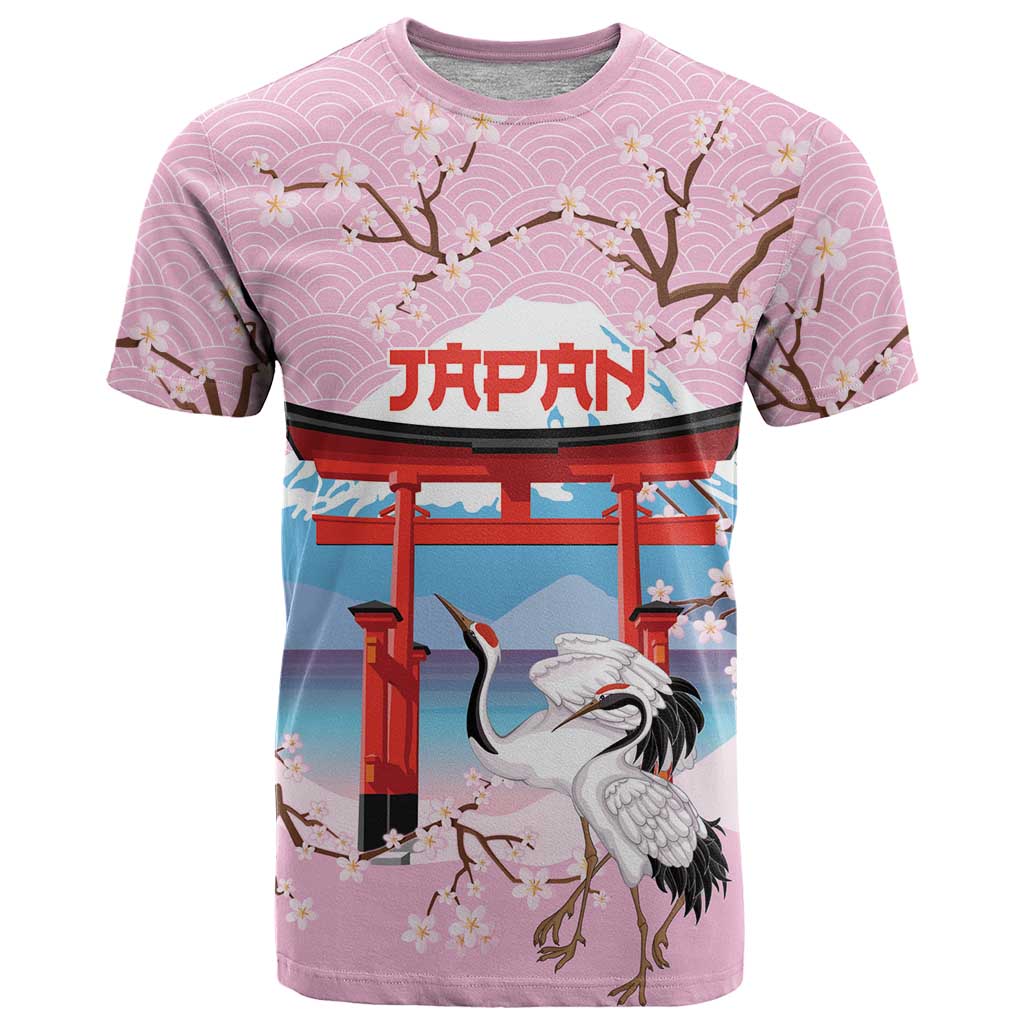 Japanese Torii Gate Cranes Personalised T Shirt Fuji Mount Sakura Seigaiha Pattern