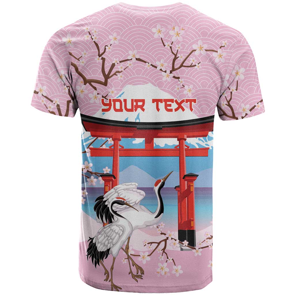 Japanese Torii Gate Cranes Personalised T Shirt Fuji Mount Sakura Seigaiha Pattern