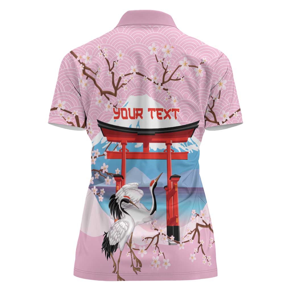Japanese Torii Gate Cranes Personalised Women Polo Shirt Fuji Mount Sakura Seigaiha Pattern