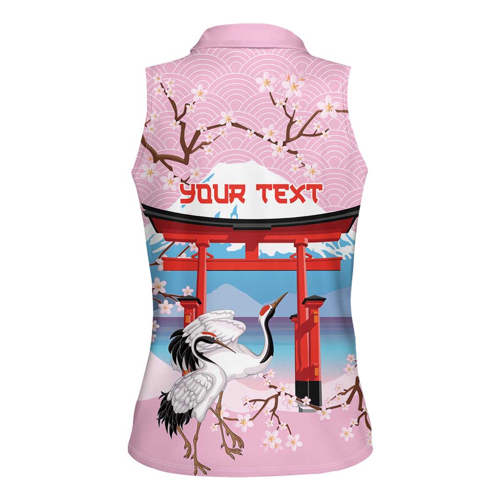 Japanese Torii Gate Cranes Personalised Women Sleeveless Polo Shirt Fuji Mount Sakura Seigaiha Pattern
