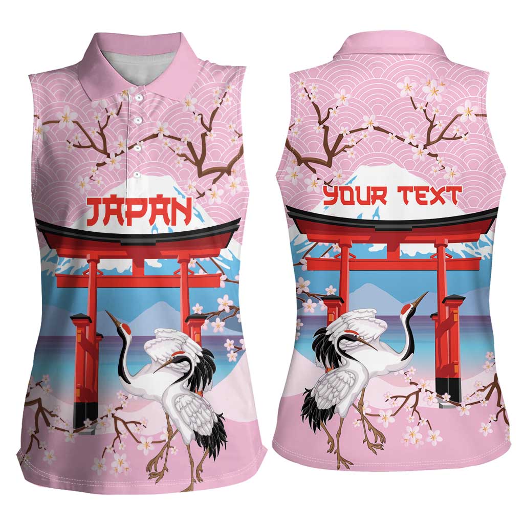 Japanese Torii Gate Cranes Personalised Women Sleeveless Polo Shirt Fuji Mount Sakura Seigaiha Pattern
