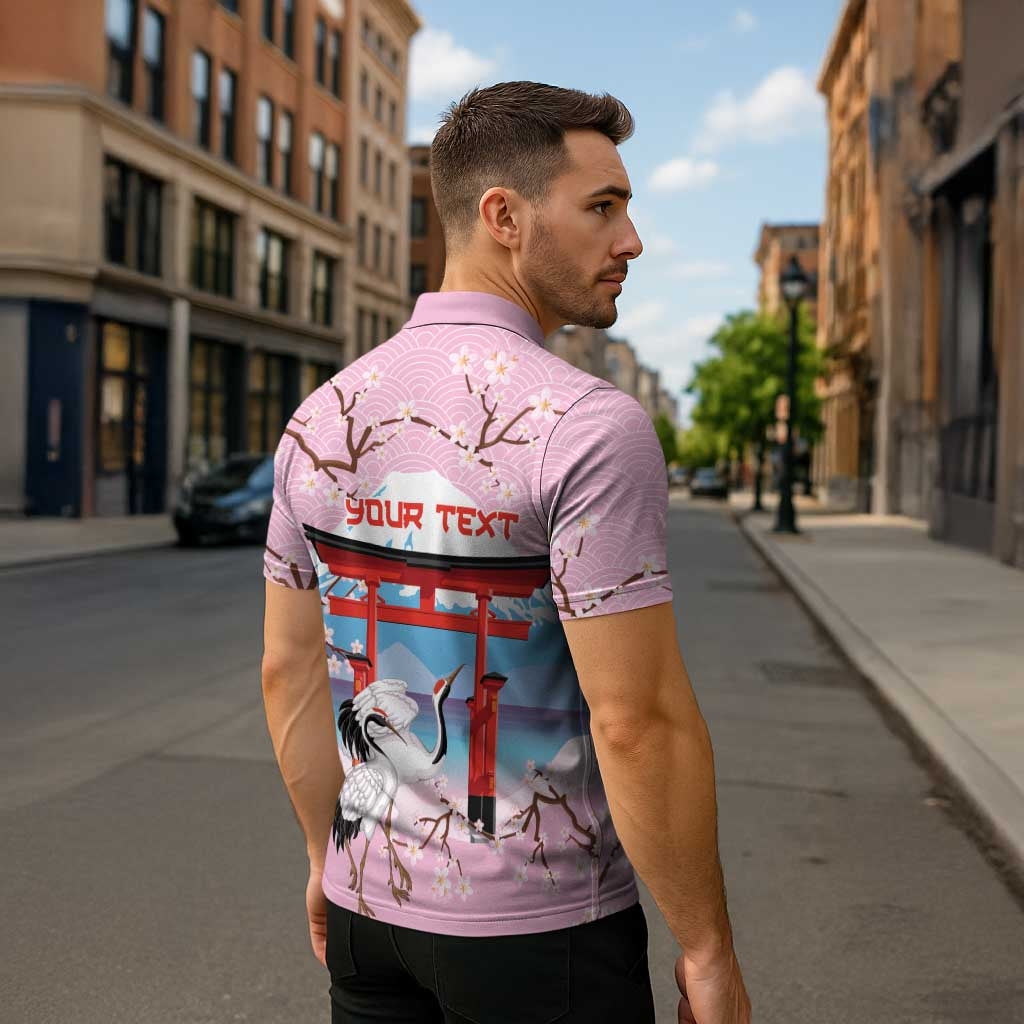Japanese Torii Gate Cranes Personalised Zipper Polo Shirt Fuji Mount Sakura Seigaiha Pattern