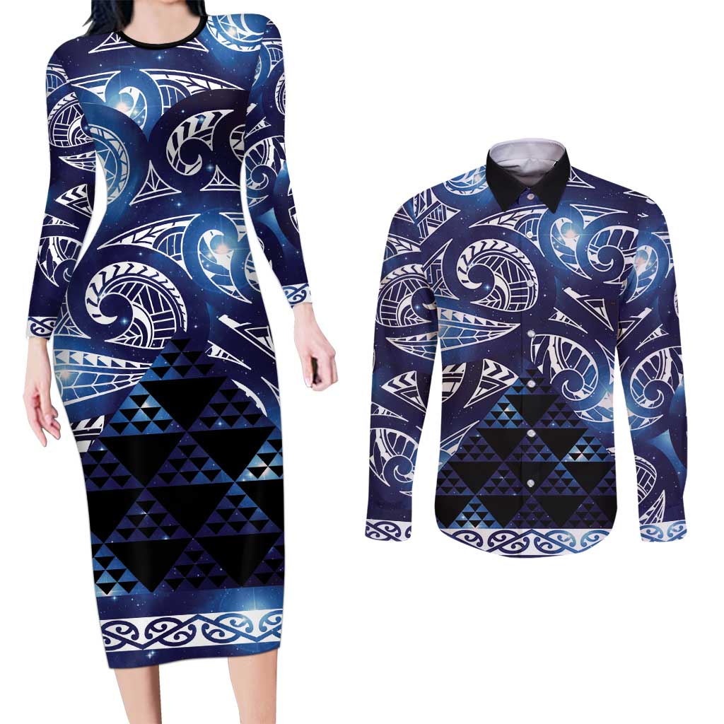 Matariki New Zealand Couples Matching Long Sleeve Bodycon Dress and Long Sleeve Button Shirt NZ Niho Taniwha Maori New Year Blue Galaxy