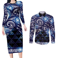 Matariki New Zealand Couples Matching Long Sleeve Bodycon Dress and Long Sleeve Button Shirt NZ Niho Taniwha Maori New Year Blue Galaxy
