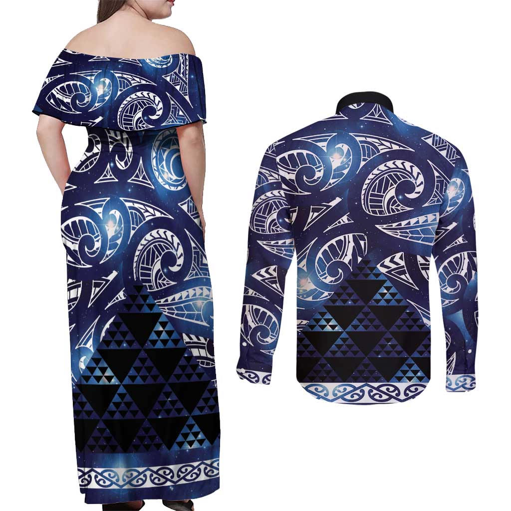 Matariki New Zealand Couples Matching Off Shoulder Maxi Dress and Long Sleeve Button Shirt NZ Niho Taniwha Maori New Year Blue Galaxy