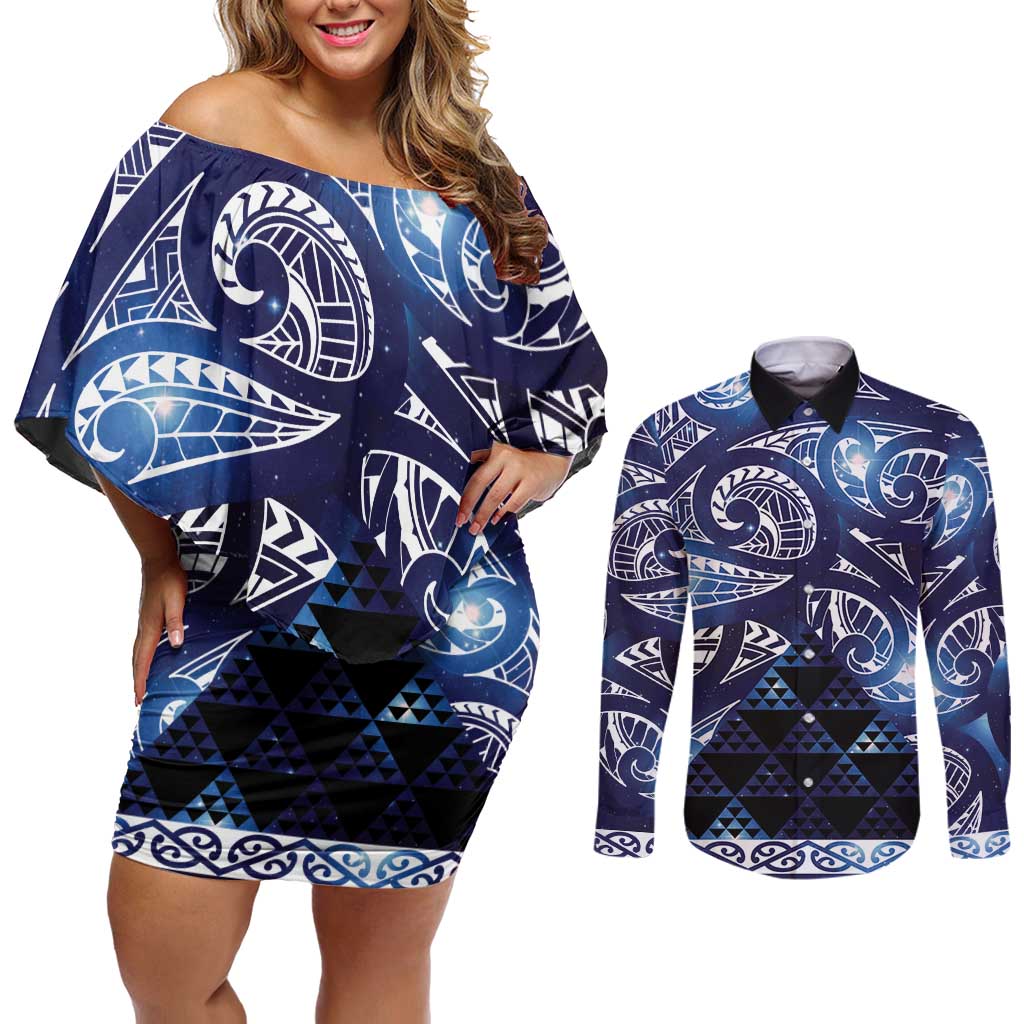 Matariki New Zealand Couples Matching Off Shoulder Short Dress and Long Sleeve Button Shirt NZ Niho Taniwha Maori New Year Blue Galaxy