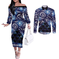 Matariki New Zealand Couples Matching Off The Shoulder Long Sleeve Dress and Long Sleeve Button Shirt NZ Niho Taniwha Maori New Year Blue Galaxy