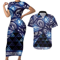 Matariki New Zealand Couples Matching Short Sleeve Bodycon Dress and Hawaiian Shirt NZ Niho Taniwha Maori New Year Blue Galaxy