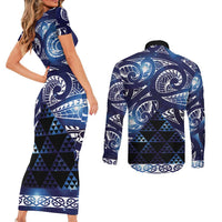 Matariki New Zealand Couples Matching Short Sleeve Bodycon Dress and Long Sleeve Button Shirt NZ Niho Taniwha Maori New Year Blue Galaxy