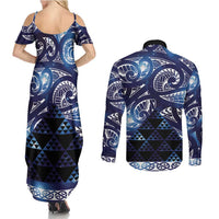 Matariki New Zealand Couples Matching Summer Maxi Dress and Long Sleeve Button Shirt NZ Niho Taniwha Maori New Year Blue Galaxy