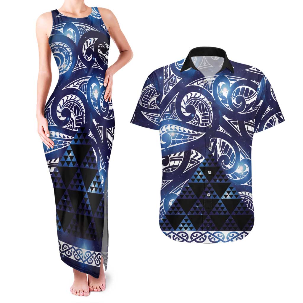 Matariki New Zealand Couples Matching Tank Maxi Dress and Hawaiian Shirt NZ Niho Taniwha Maori New Year Blue Galaxy