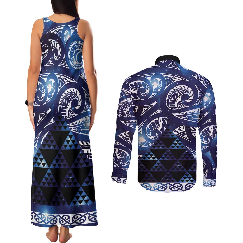 Matariki New Zealand Couples Matching Tank Maxi Dress and Long Sleeve Button Shirt NZ Niho Taniwha Maori New Year Blue Galaxy