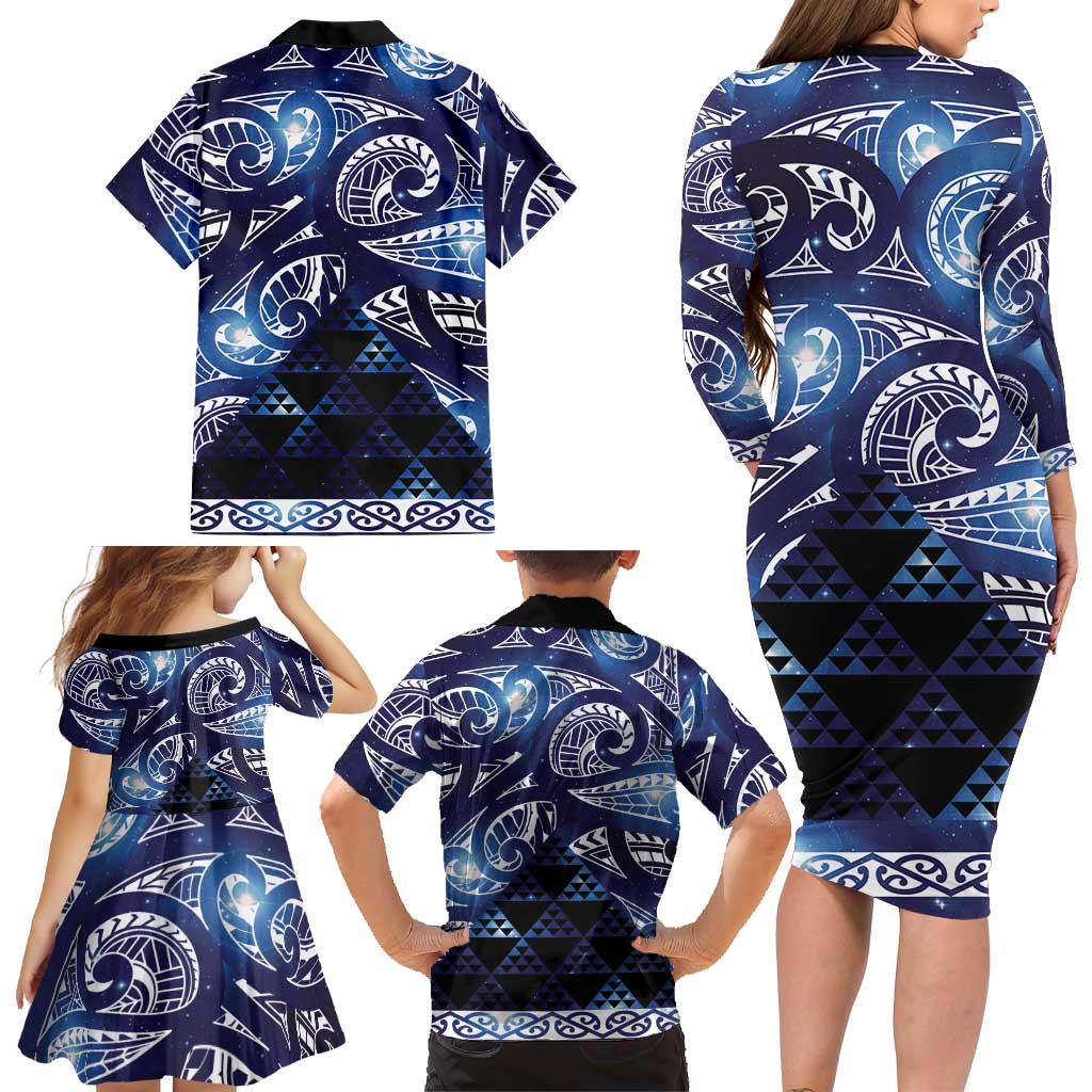 Matariki New Zealand Family Matching Long Sleeve Bodycon Dress and Hawaiian Shirt NZ Niho Taniwha Maori New Year Blue Galaxy
