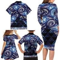 Matariki New Zealand Family Matching Long Sleeve Bodycon Dress and Hawaiian Shirt NZ Niho Taniwha Maori New Year Blue Galaxy