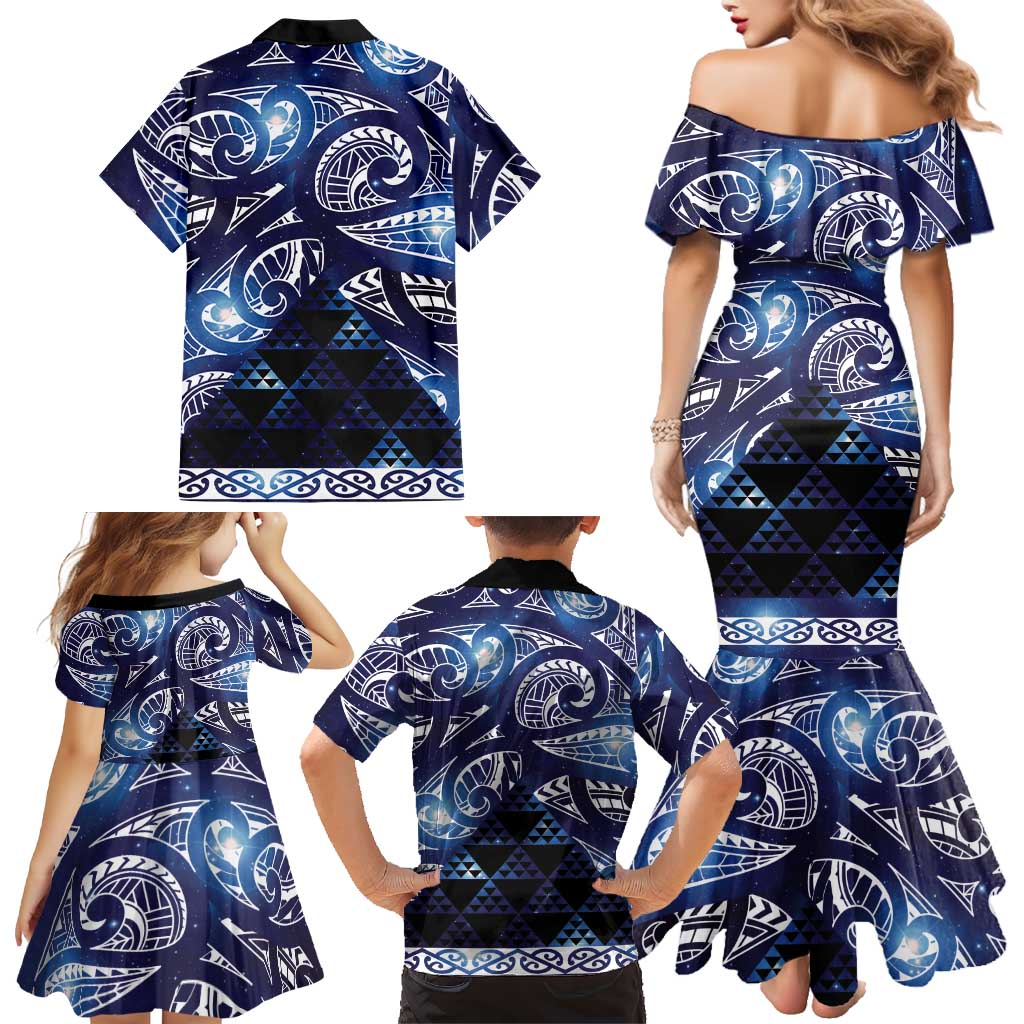 Matariki New Zealand Family Matching Mermaid Dress and Hawaiian Shirt NZ Niho Taniwha Maori New Year Blue Galaxy