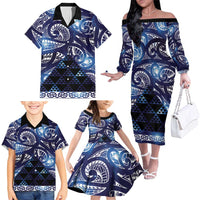 Matariki New Zealand Family Matching Off The Shoulder Long Sleeve Dress and Hawaiian Shirt NZ Niho Taniwha Maori New Year Blue Galaxy