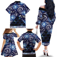 Matariki New Zealand Family Matching Off The Shoulder Long Sleeve Dress and Hawaiian Shirt NZ Niho Taniwha Maori New Year Blue Galaxy