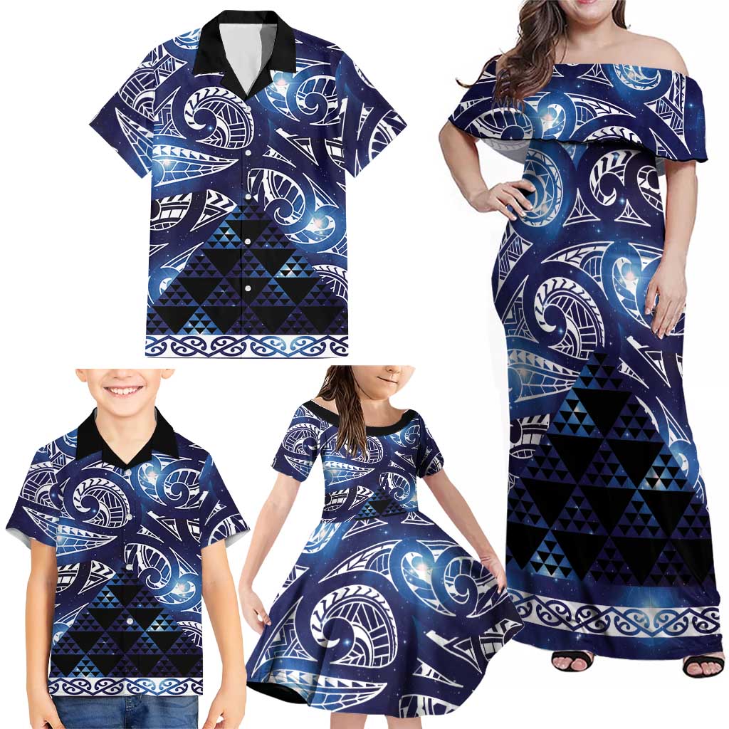 Matariki New Zealand Family Matching Off Shoulder Maxi Dress and Hawaiian Shirt NZ Niho Taniwha Maori New Year Blue Galaxy