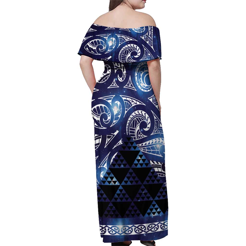Matariki New Zealand Family Matching Off Shoulder Maxi Dress and Hawaiian Shirt NZ Niho Taniwha Maori New Year Blue Galaxy