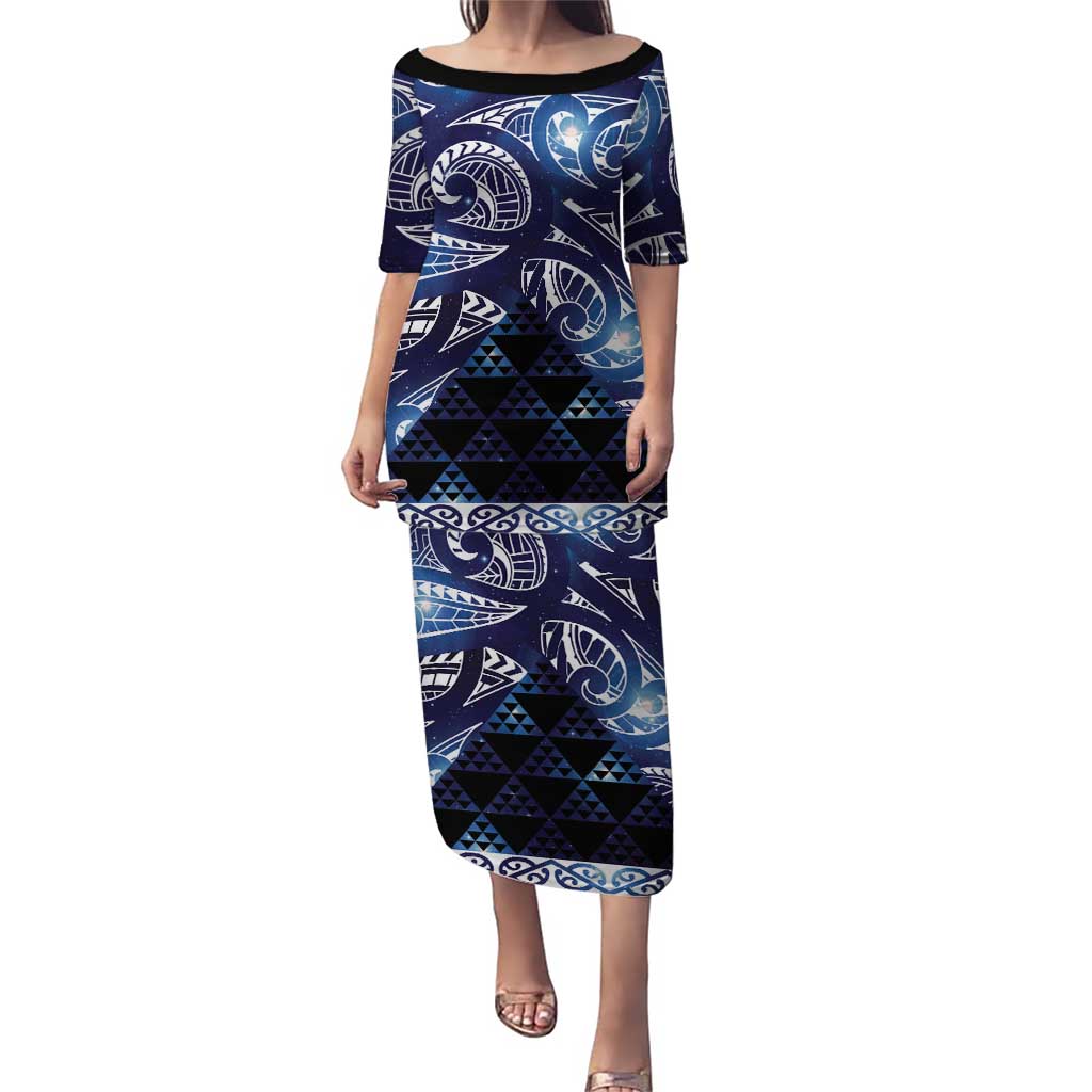 Matariki New Zealand Family Matching Puletasi and Hawaiian Shirt NZ Niho Taniwha Maori New Year Blue Galaxy